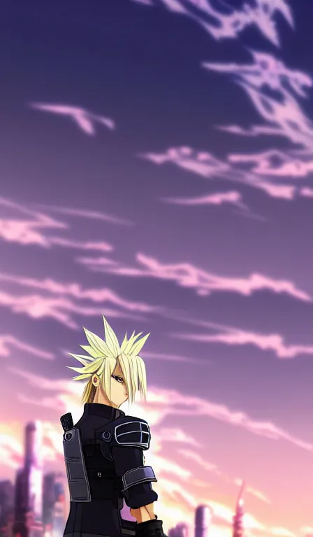 Prompt: anime fine details portrait of Cloud Strife in front of cyberpunk moder city landscape on the background deep bokeh, close-up view, anime masterpiece by Studio Ghibli. 8k, sharp high quality anime, artstation