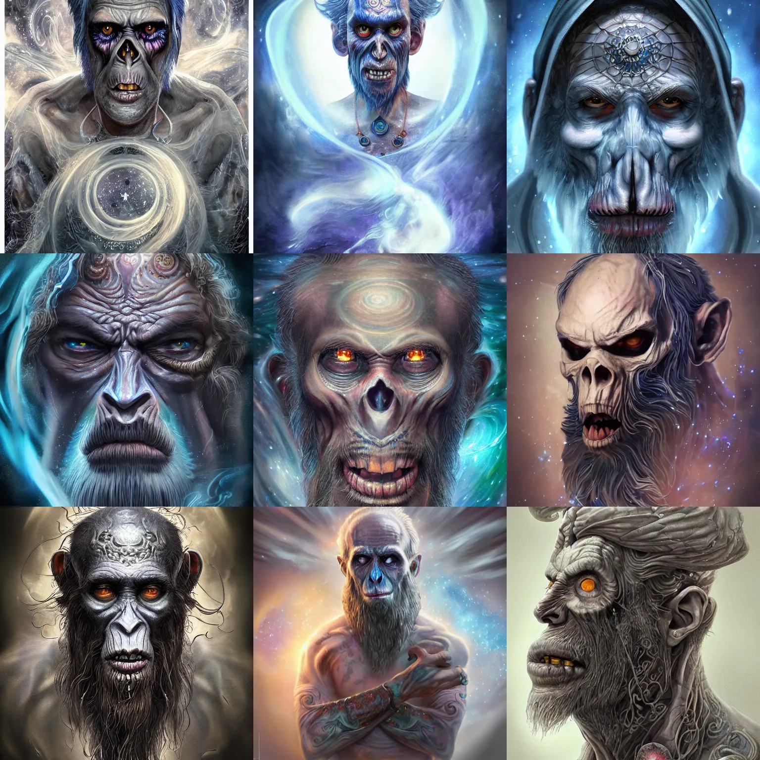 Image similar to a wlop 3 d render of very very very very highly detailed beautiful mystic portrait of a phantom undead mage ape with whirling galaxy around, tattoos by anton pieck, intricate, extremely detailed, digital painting, artstation, concept art, smooth, sharp focus, illustration, intimidating lighting, incredible art,