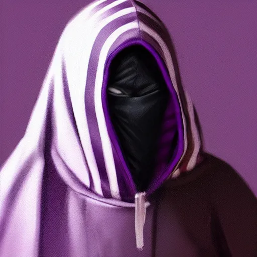 Image similar to ultra realistic illustration, man in a black hood, in a striped purple balaclava, mysterious, highly detailed, digital painting, artstation, concept art, smooth, sharp focus, illustration