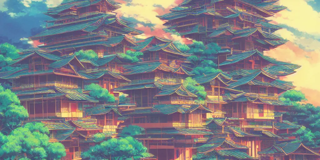 Image similar to vivid 80s anime indonesian architecture by hayao miyazaki, beautiful, gorgeous, dramatic lighting, rule of thirds, perfect composition, trending on ArtStation, 8k
