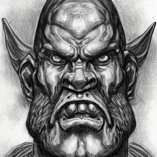 Prompt: chaos dwarf smith from warhammer fantasy : : head and torso portrait drawing