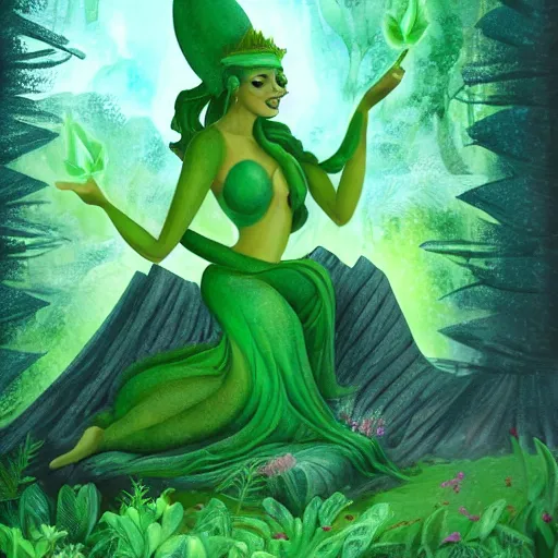 Prompt: a green genie surrounded by forest, fantasy illustration