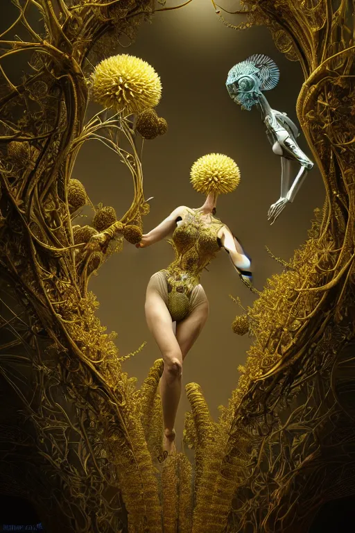 Image similar to intricate hyper detailed ultra sharp 3 d render, unity of mood, biomechanical cyborg ladies dancing, atmospheric, foliage, white large pore fungi, cyberpunk art nouveau, haute couture alexander mcqueen leaves stems colorful dahlias blooming transparent fractal filigree roots, intricate details, octane render, volumetric cinematic lighting, natural beautiful light, yellow infrared, lumiol, 8 k,