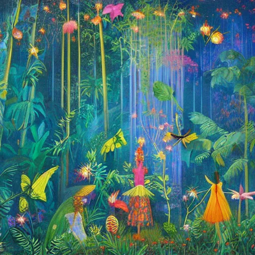 Prompt: an enchanted forest full of tropical flowers and fireflies, by agnes lawrence pelton