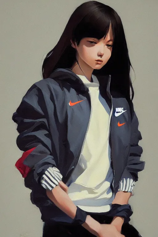 Image similar to A ultradetailed beautiful panting of a stylish girl wearing an oversized Nike jacket, Oil painting, by Ilya Kuvshinov, Greg Rutkowski and Makoto Shinkai