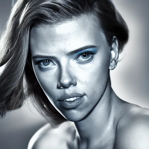 Image similar to a cyborg looking like scarlett johansson, sensual, beautiful soft light failling on her face, studio photography, nikon 3 5 mm portrait photography, ultra realistic