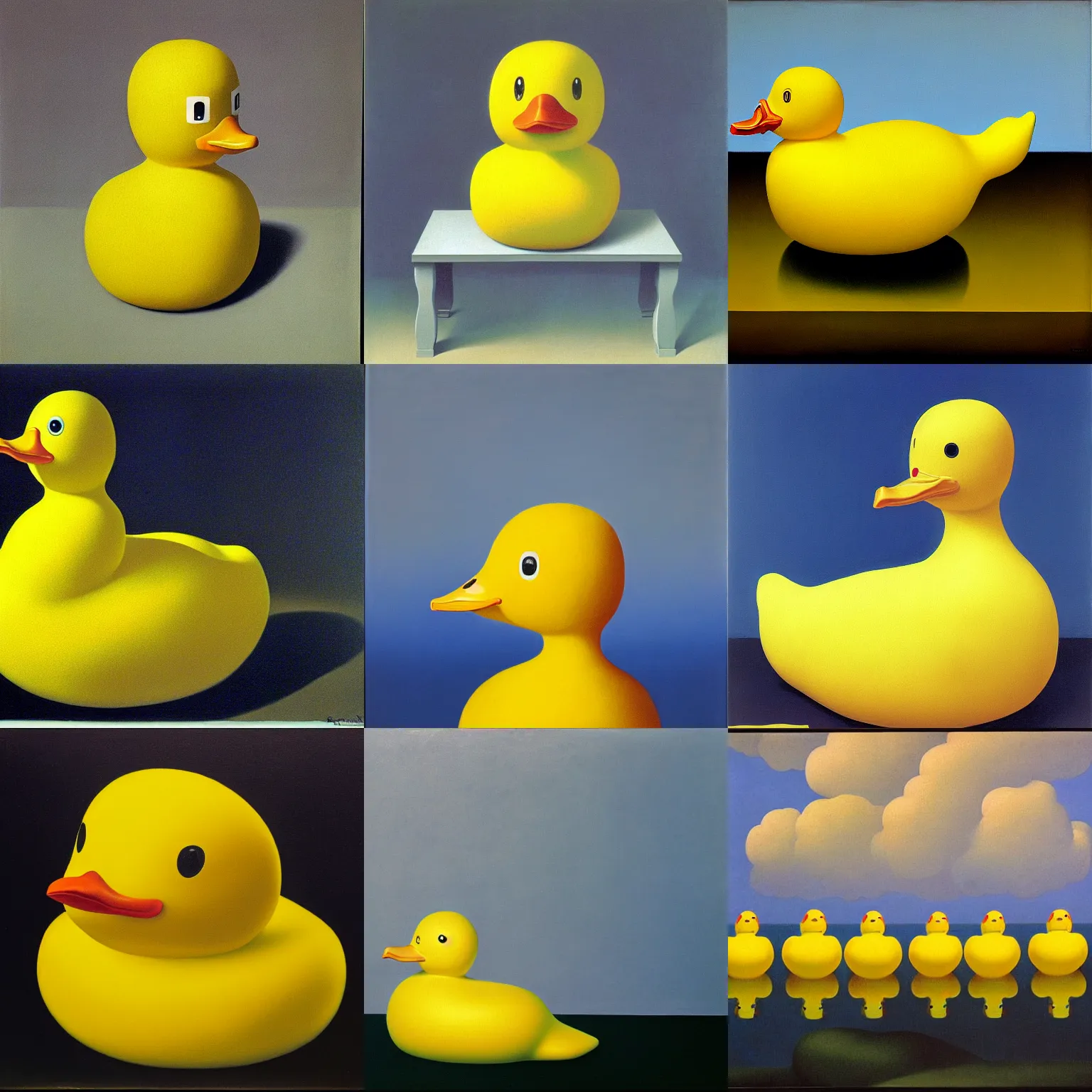 Image similar to portrait of a yellow rubber duck by rene magritte, oil on canvas.