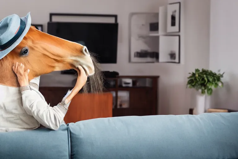 Image similar to a horse with a hat and a shirt and pants while its watching tv on sofa