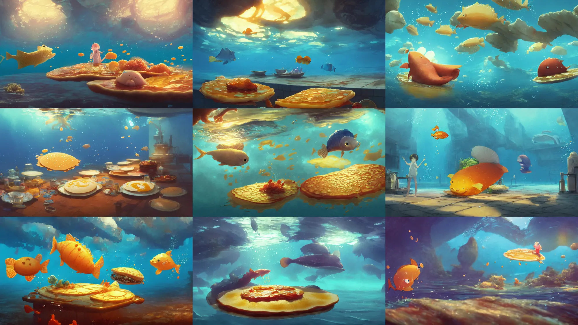 Image similar to digital underwater art of a happy flat pancake fish swimming in syrup, cute, 4 k, fish made of pancake, fantasy food world, living food adorable pancake, vivid atmospheric lighting, by makoto shinkai, studio ghibli, greg rutkowski, ross tran