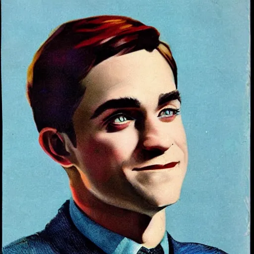 Image similar to “Robert Pattison portrait, color vintage magazine illustration 1950”