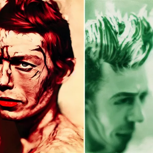 Image similar to young peter otoole with green hair, white paint on face, messy red lips, portrait, impressionistic, film still