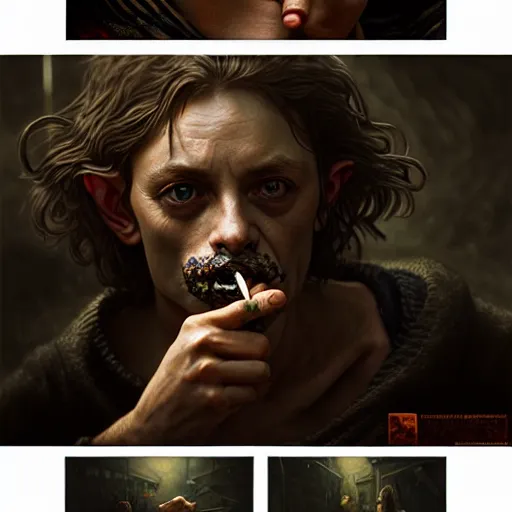 Image similar to Drug addict hobbit with crazy eyes smoking in a dark alley, ultra realistic, concept art, intricate details, dark, highly detailed, photorealistic, octane render, 8k, unreal engine, art by artgerm and greg rutkowski and alphonse mucha