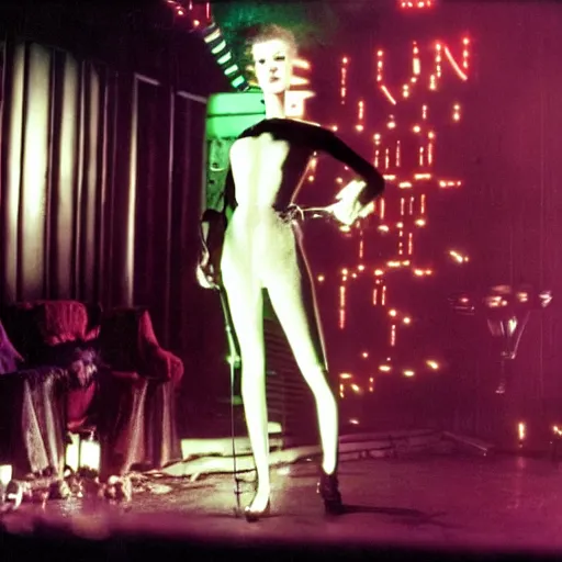 Image similar to cinematic portrait of bride of frankenstein as a replicant in a nightclub, still from the movie bladerunner, fashion photography, a neon sign is in the background