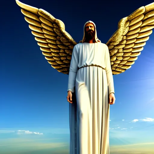 Image similar to gigantic biblical depiction of an angel towering over a vast landscape, cinematic, realistic, geometric white marble body, photorealistic, detailed, gold sky, global illumination, volumetric lighting, god rays, beautiful composition, majestic clouds, soft colors, heavenly lighting