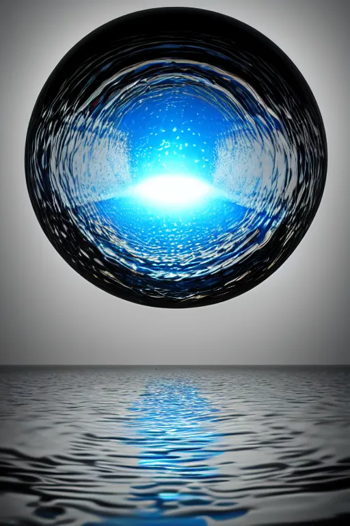Prompt: glass orb in the reflection of a mirror refracted through water in a mirror maze underwater seen through a glass lens, raytraced optics refraction state of the art light bounce reflection and refraction simulation, siggraph