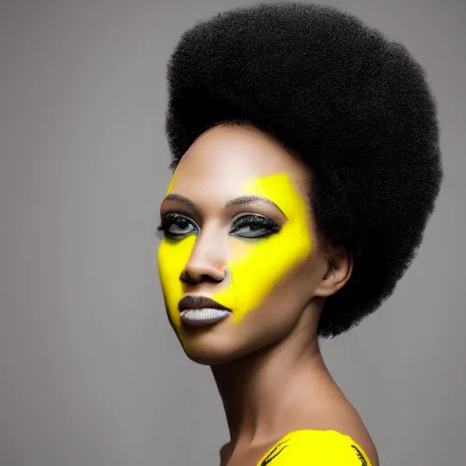 Prompt: a realistic model photoshoot of a black girl with yellow afro hair, beautiful, model, professional picture, realistic, 4 k, bright light, portrait