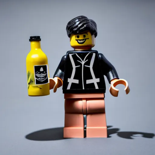 Prompt: photo of lego figure of men in black Adidas tracksuit holding a bottle