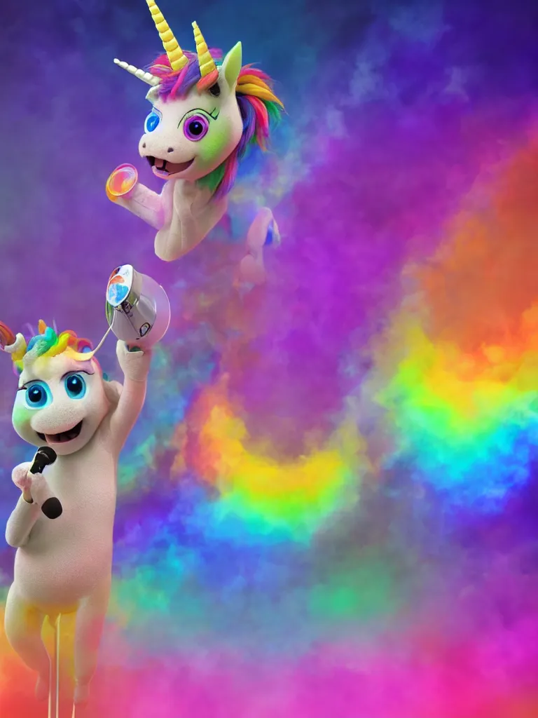 Image similar to a realistic rainbow colored unicorn beat boxing on stage holding a microphone by Pixar