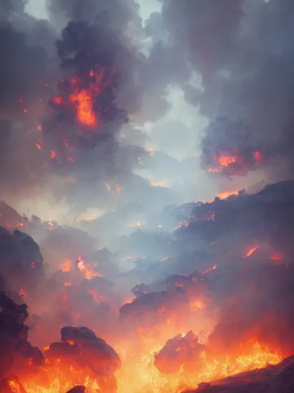 Image similar to photo of 8k ultra realistic oil wells on fire ,heavy clouds, smoke, full of colour, cinematic lighting, battered, trending on artstation, 4k, hyperrealistic, focused, extreme details,unreal engine 5, cinematic, masterpiece, art by Peter Mohrbacher