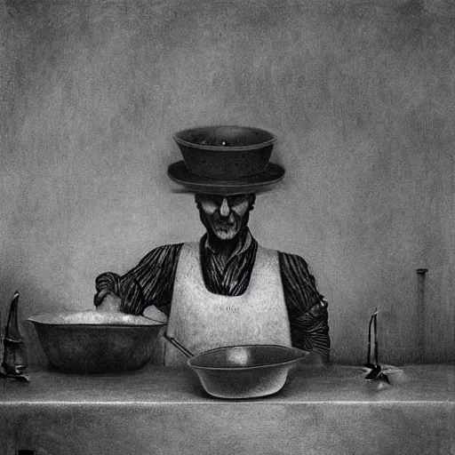 Image similar to Johny Depp washing dishes by Zdzislaw Beksinski