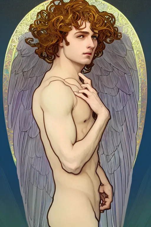 Prompt: full figure art nouveau portrait of a beautiful young fit male angel with curly blond hairs, dressed with fluent clothes, majestic wings, luminous halo, by alfons mucha, d & d character, gradient white to gold, in front of an iridescent background, highly detailed portrait, digital painting, artstation, concept art, smooth, sharp focus, illustration, artstation hq