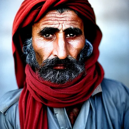 Prompt: portrait of stavros halkias as afghan man, green eyes and red scarf looking intently, photograph by steve mccurry