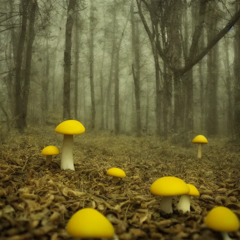 Prompt: a little yellow mushroom in a moody dreamy forest