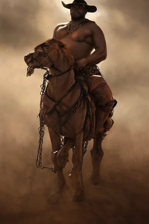 Prompt: a beautiful dramatic epic painting of a handsome thick shirtless black man. he is wearing a leather harness and cowboy hat. prairie setting, dust clouds. homoerotic, highly detailed, dramatic lighting. by Mark Maggiori, by William Herbert Dunton, by Charles Marion Russell | trending on artstation