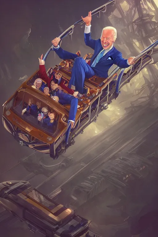 Image similar to joe biden on a roller coaster, full face, anime, fantastic details, pixiv, hyperdetailed unreal engine, stanley artgerm lau, wlop, rossdraws, james jean marc, simonetti ruan jia and mandy jurgens and artgerm and sakimichan, illustration, digital art, concept art, manga cover