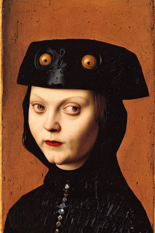 Prompt: portrait of wednesday addams, oil painting by jan van eyck, northern renaissance art, oil on canvas, wet - on - wet technique, realistic, expressive emotions, intricate textures, illusionistic detail