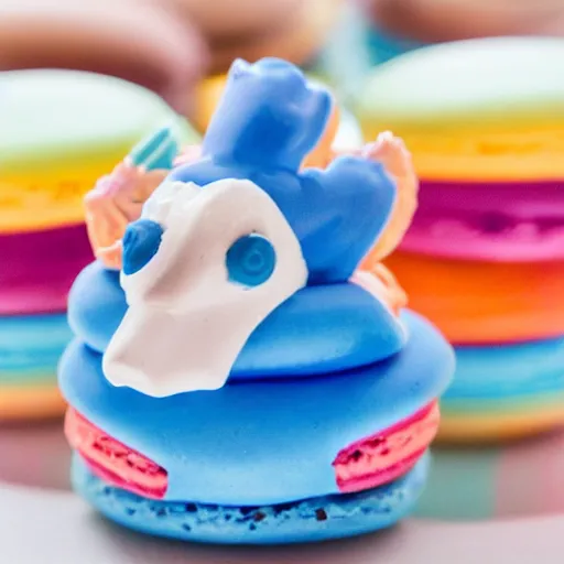 Image similar to a photo blue jay bird standing on a basket of rainbow macaron desserts.