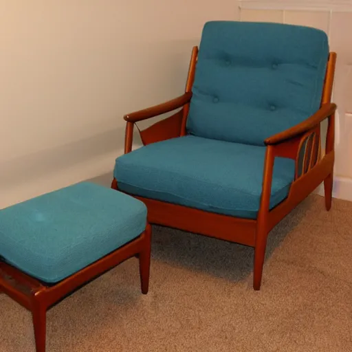 Image similar to a soft comfortable long chair, birch wood, tall, mid century modern, with an antique blue cotton ottoman