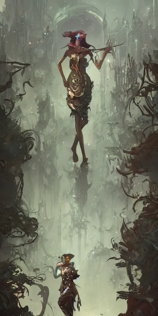 Image similar to a detailed concept art of a woman against the background of an overgrown city , artstation, by Peter Mohrbacher, Art Nouveau, sophisticated, Unreal engine, intricate