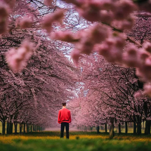 Image similar to kodak portra 4 0 0 photograph of a skinny blonde guy standing in field of cherry blossom trees, back view, flower crown, moody lighting, moody vibe, telephoto, 9 0 s vibe, blurry background, vaporwave colors, faded!,
