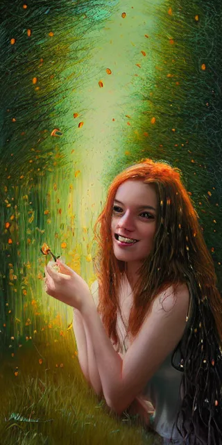 Prompt: infp young woman, smiling, amazed by golden fireflies lights, sitting in the midst of nature fully covered, long loose red hair, intricate linework, green eyes, small nose with freckles, oval shape face, realistic, expressive emotions, dramatic lights mystical scene, hyper realistic ultrafine art by michael cheval, jessica rossier, artgerm