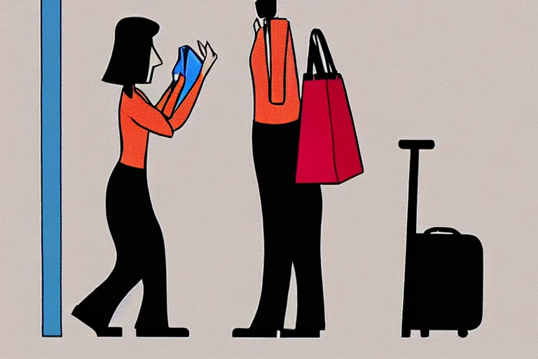 Image similar to tall, security guard checks the bags of a worried looking woman, art, satire