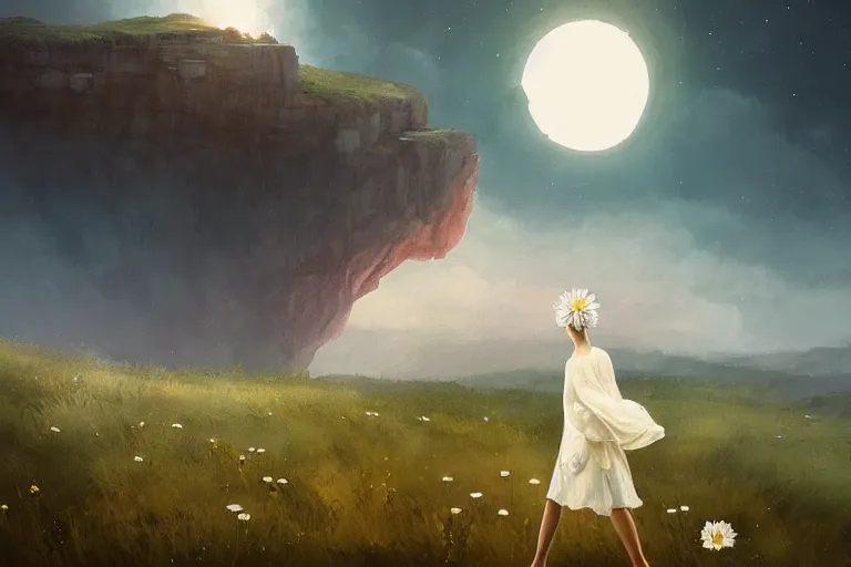 Image similar to giant white daisy flower on head, girl walking on cliff, surreal photography, solar eclipse, milky way, dramatic light, impressionist painting, clouds, digital painting, artstation, james gilleard, liam wong, jeremy mann, simon stalenhag