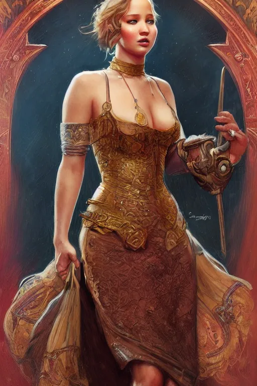 Prompt: portrait of jennifer lawrence as a lion tamer, half body, d & d, fantasy, intricate, elegant, highly detailed, digital painting, artstation, concept art, art by artgerm and greg rutkowski and alphonse mucha