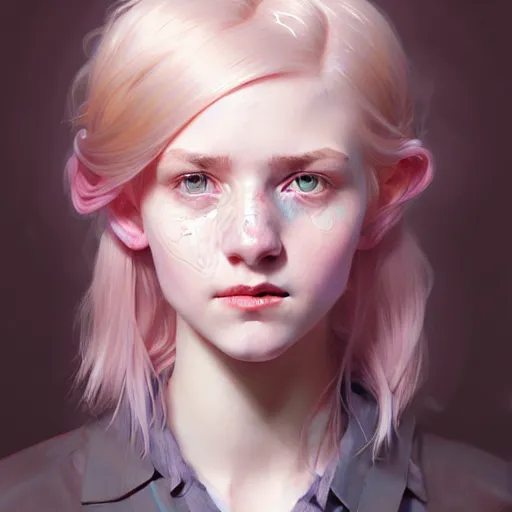 Image similar to portrait of a scottish teenage girl with pinkish grayblonde hair, glowing skin, awkward, nerdy, fantasy, intricate, elegant, dress shirt, highly detailed, digital painting, artstation, concept art, smooth, sharp focus, illustration, art by Krenz Cushart and Artem Demura and alphonse mucha