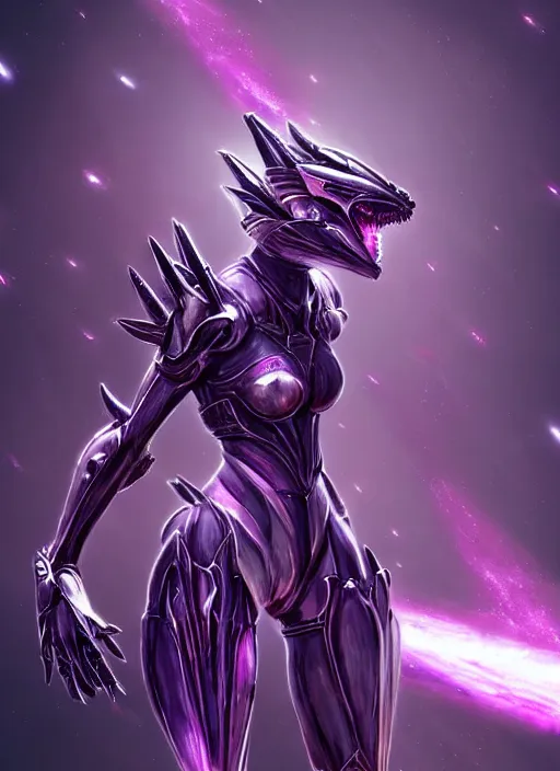 Image similar to cinematic, hyperdetailed elegant beautiful stunning giant anthropomorphic mecha hot female dragon goddess, sharp spines, sharp metal ears, smooth purple eyes, smooth fuschia skin, silver armor, nebula size, space, epic proportions, epic scale, macro giantess, warframe, destiny, furry, dragon art, goddess art, giantess art, furaffinity, octane