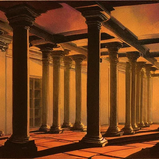 Prompt: painting of a scifi ancient civilzation victorian empty room with pillars, syd mead, franz ludwig