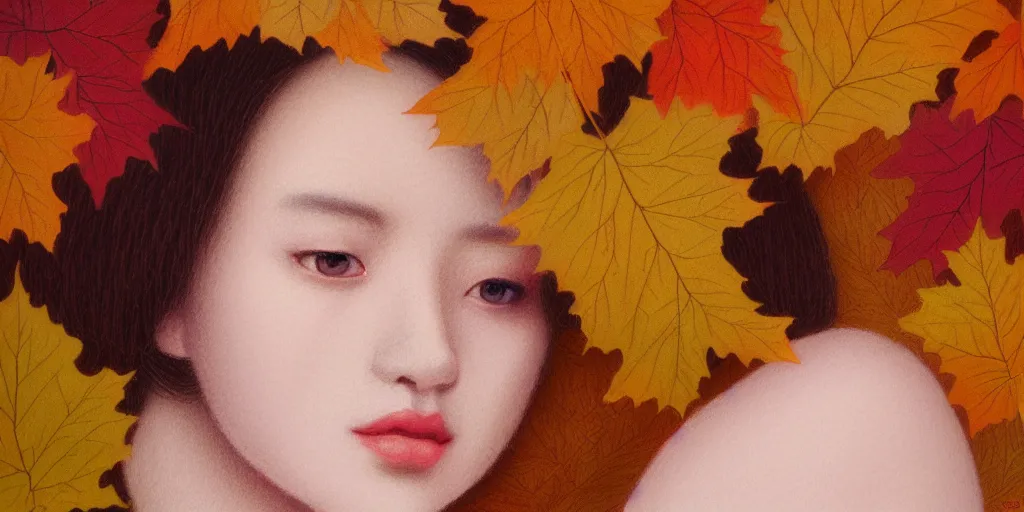 Image similar to detailed pastel colors portrait of a woman made of autumn leaves, by hsiao - ron cheng, fine detail, 8 k