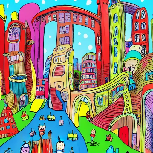 Image similar to fanciful city filled with curvy buildings, by dr seuss, oh the places you'll go, arches, platforms, towers, bridges, stairs, colorful kids book illustration