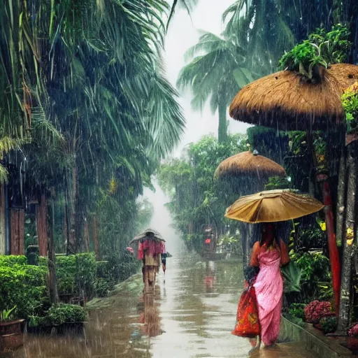 Prompt: monsoon on tropical island, chinese, ornate, beautiful, atmosphere, vibe, mist, coconuts, rain, wet, pristine, puddles, melting, dripping, snow, creek, lush, ice, bridge, forest, roses, flowers, by stanley artgerm lau, greg rutkowski, thomas kindkade, alphonse mucha, loish, norman rockwell