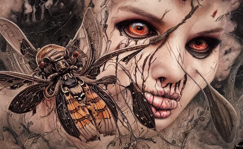 Prompt: death's head moth,highly detailed,cinematic,8k,by tristan eaton,Stanley Artgermm,Tom Bagshaw,Greg Rutkowski,Carne Griffiths, Ayami Kojima, Beksinski, Giger,trending on DeviantArt,face enhance,hyper detailed,horror, full of colour