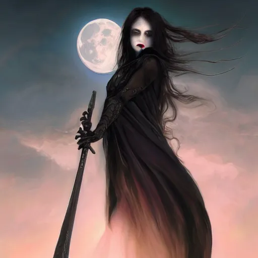 Image similar to the grim reaper as a gorgeous young girl, dark fantasy, intricate, very huge elaborate scythe, very huge black angel wings, elegant, glowave blood moon, full moon, highly detailed, digital painting, artstation, concept art, wallpaper, smooth, sharp focus, illustration, art by artgerm and greg rutkowski and alphonse mucha