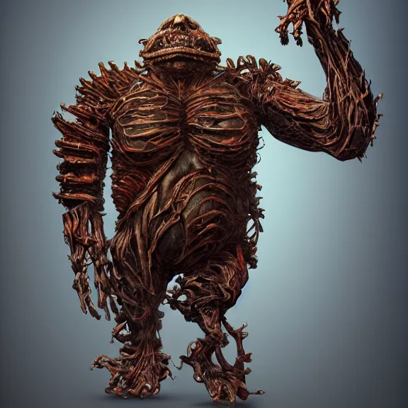 Prompt: highly detailed full body picture of a biomechanical golem, grotesque, bizarr, fleshy, character art, studio lightning, dark colors, intricate, masterpiece, photorealistic, hiperrealistic, sharp focus, high contrast, Artstation HQ, DeviantArt trending, 4k UHD, Unreal Engine 5