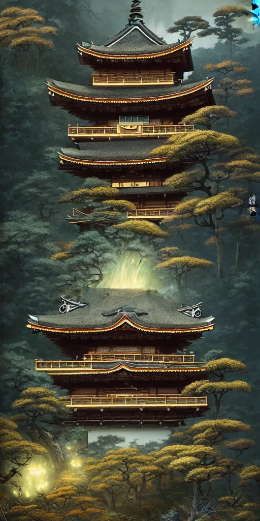 Prompt: japanese style palace on a mountain overgrown by glowing mushrooms, hyper realistic, lush gnarly plants, 8 k, denoised, by greg rutkowski, tom bagshaw, james gurney cinematic lighting