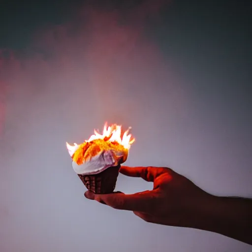 Prompt: photo of an ice cream on fire