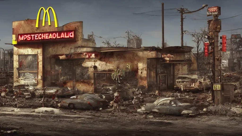 Image similar to post apocalyptic McDonalds::100, fallout, wasteland, octane render, 8k